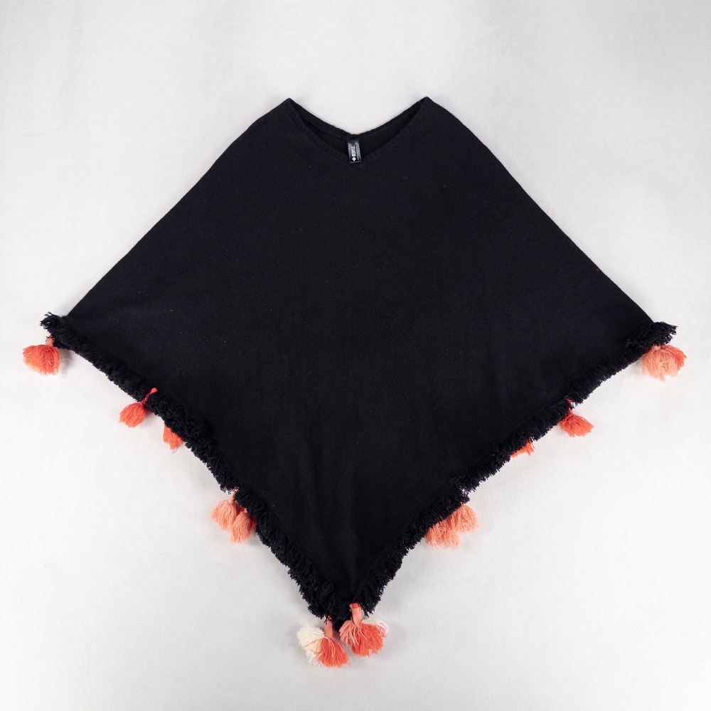 Beryll Womens Cashmere Tassel Poncho OS Black Fringed V-Neck Wrap Made in USA
